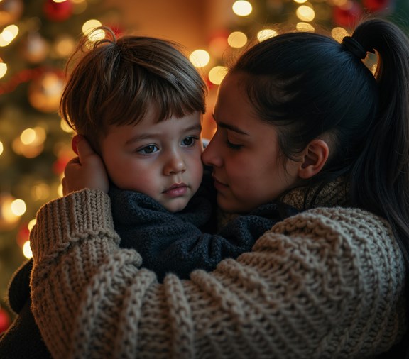 Mother Comforts Sad Child Amid Festive Decor