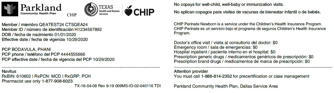 CHIP Perinate ID Card Example