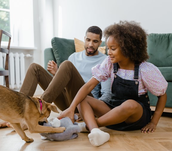 little girl playing with dog while dad watches over 